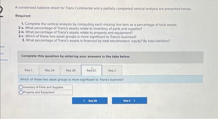 completed vertical analysis are presented below. Required: 1. Complete the vertical analysis