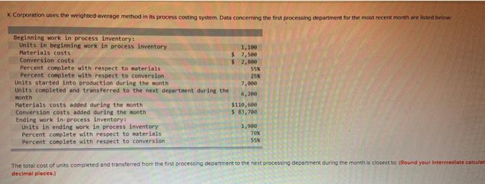  K Corporation uses the weighted average method in its process costing
