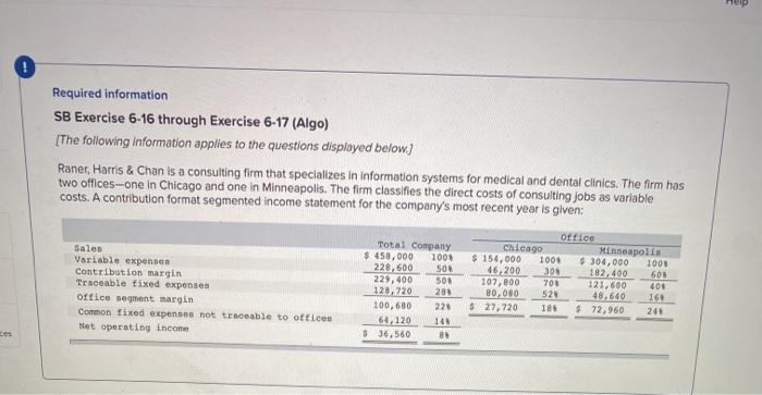  Required information SB Exercise 6-16 through Exercise 6-17 (Algo) [The following