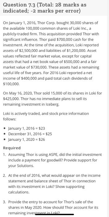  Question 7.3 (Total: 28 marks as indicated; -2 marks per error)