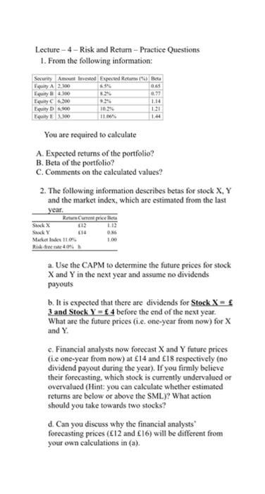  Lecture - 4 - Risk and Return - Practice Questions 1.