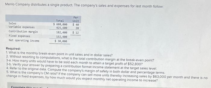 need help with all required! Menlo Company distributes a single product. The