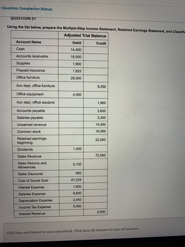 Question Completion Status: QUESTION 51 Using the list below, prepare the