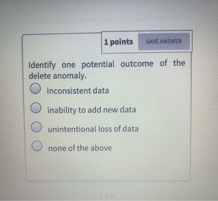  1 points SAVE ANSWER Identify one potential outcome of the delete
