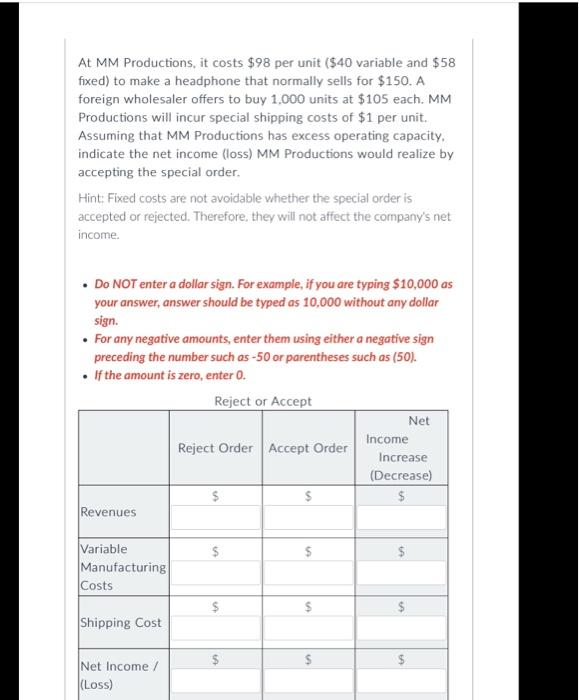  At MM Productions, it costs $98 per unit ($40 variable and