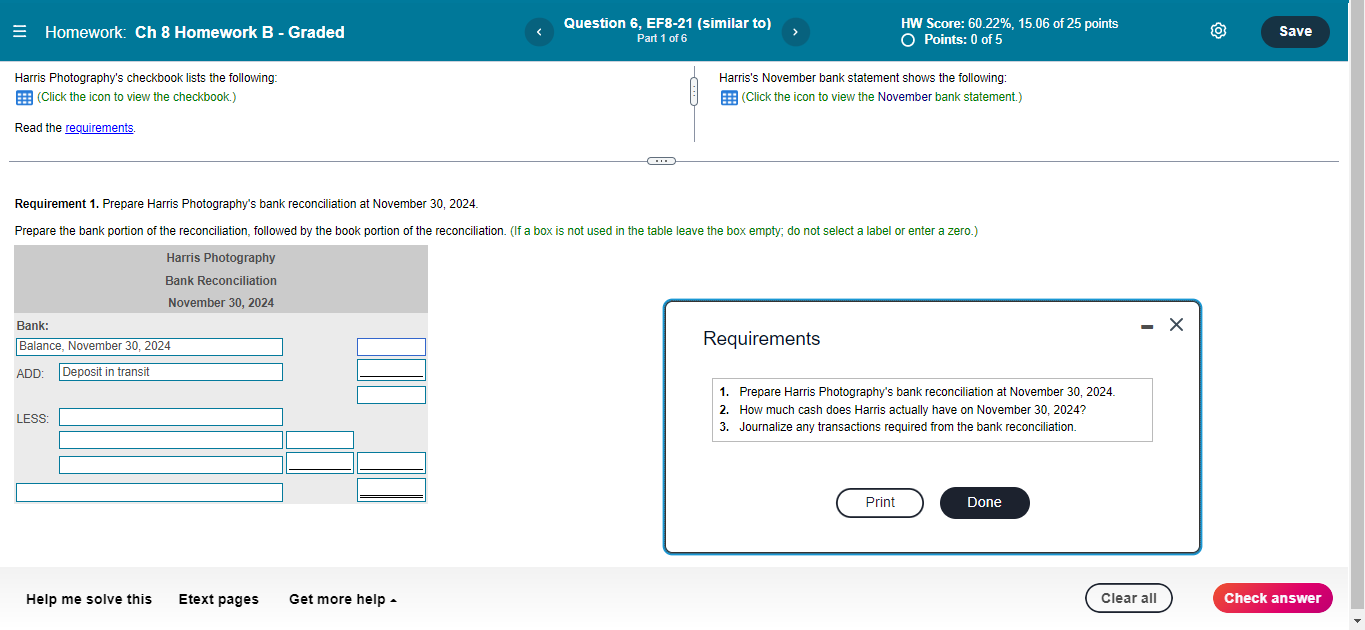 points O Points: 0 of 5 O Save Harris Photography's checkbook lists
