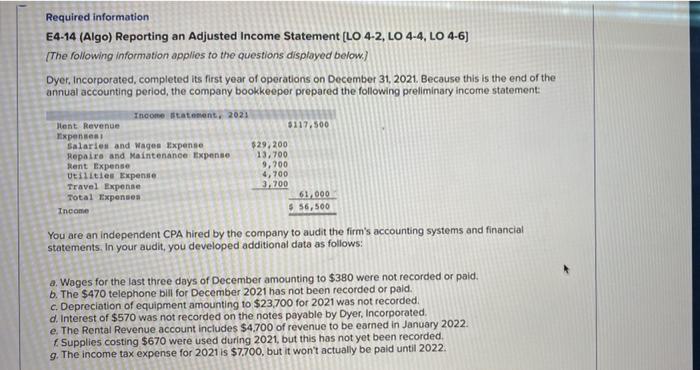 please help with clear answers Required Information E4-14 (Algo) Reporting an Adjusted