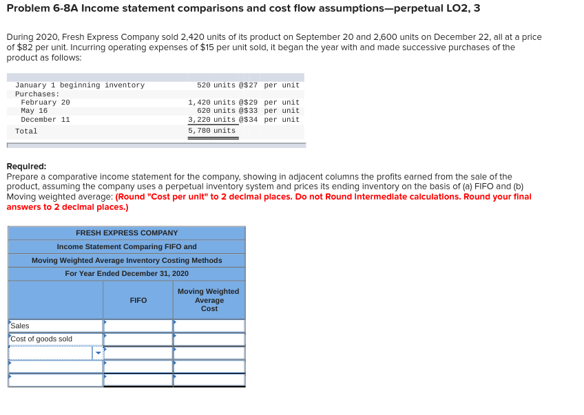 Problem 6-8A Income statement comparisons and cost flow assumptions-perpetual LO2, 3