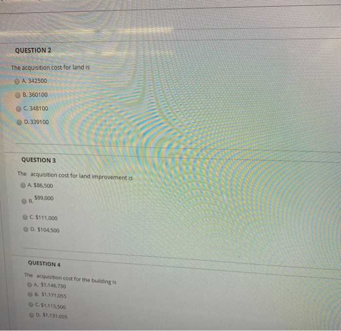 acquisition Architect's fee, building design Accrued Taxes on Land Construction cost of