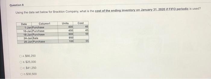 Question 8 Using the data set below for Brackton Company, what