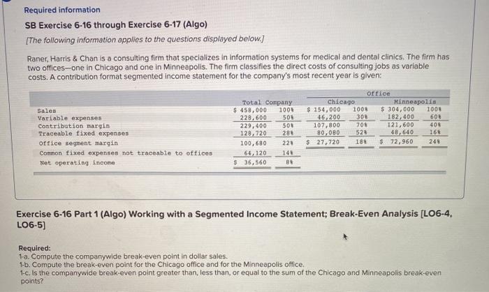  Required information SB Exercise 6-16 through Exercise 6-17 (Algo) [The following
