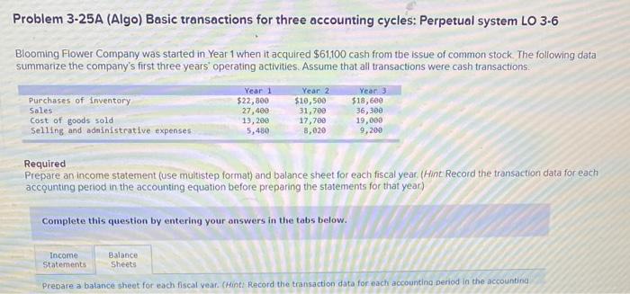  Problem 3-25A (Algo) Basic transactions for three accounting cycles: Perpetual system