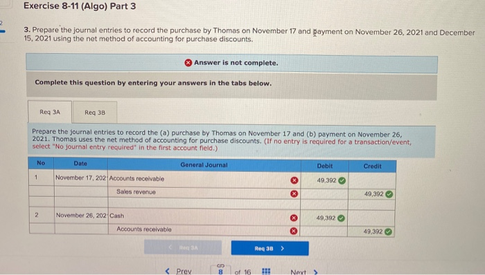required 3B Check my work Required information Exercise 8-11 (Algo) Trade and