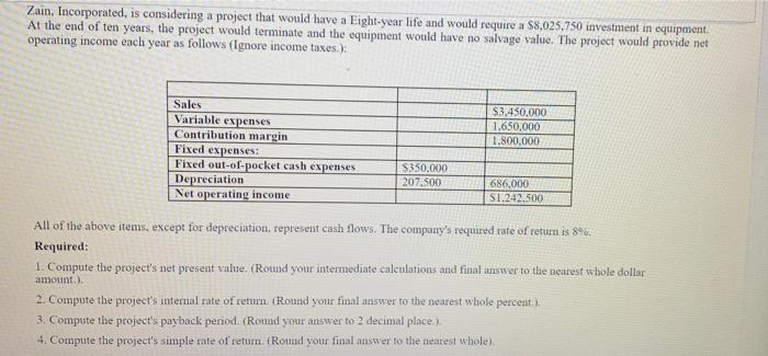  Zain. Incorporated, is considering a project that would have a Eight-year