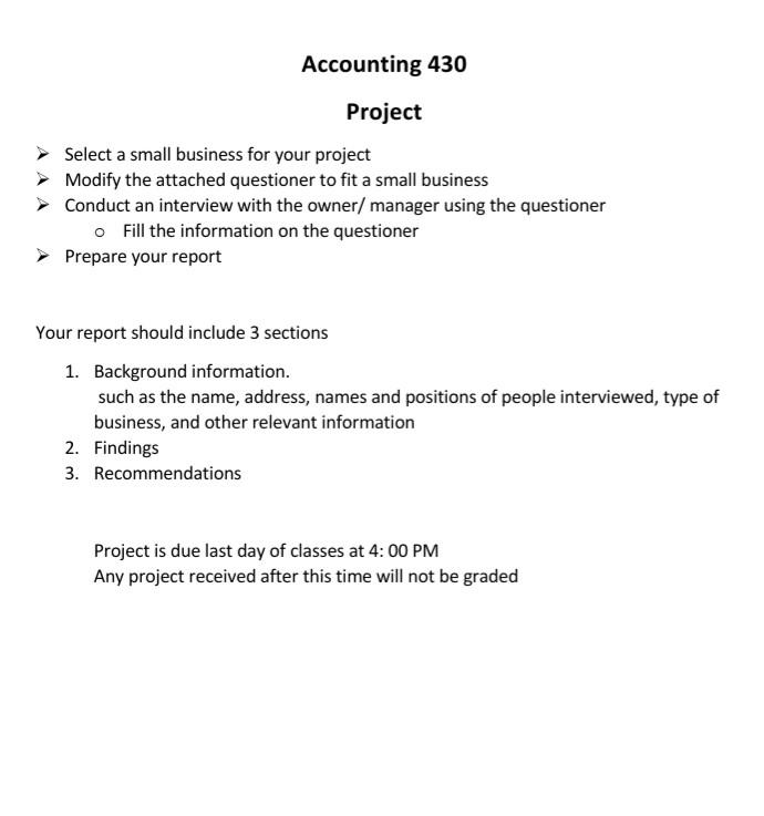  Accounting 430 Project Select a small business for your project Modify