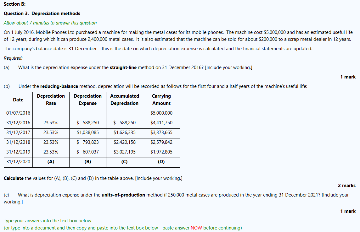  Section B: Question 3. Depreciation methods Allow about 7 minutes to