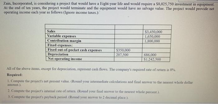  Zain, Incorporated, is considering a project that would have a Eight-year