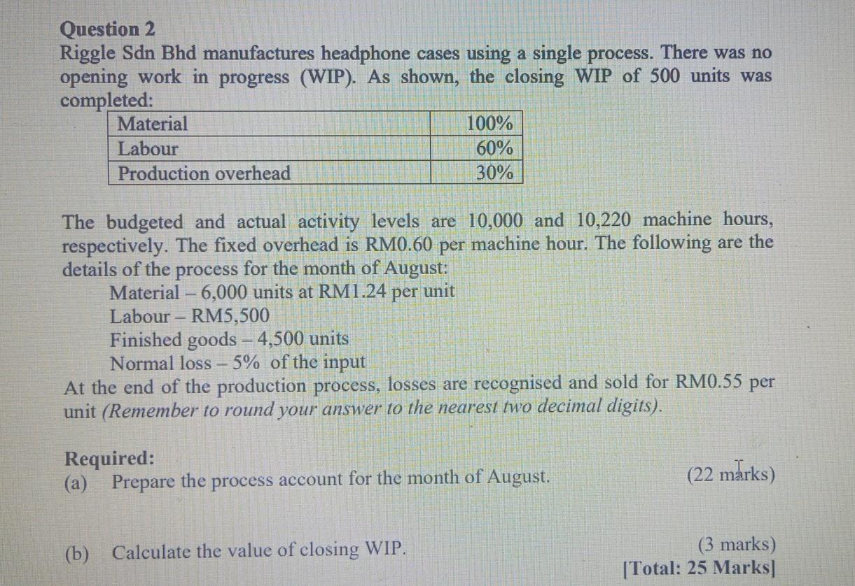  Question 2 Riggle Sdn Bhd manufactures headphone cases using a single