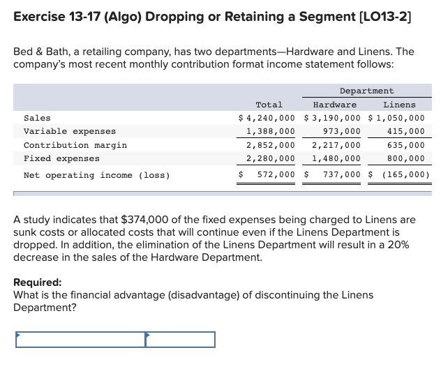  Exercise 13-17 (Algo) Dropping or Retaining a Segment (LO13-2] Bed &