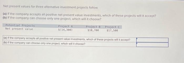  Net present values for three alternative investment projects follow (a) If