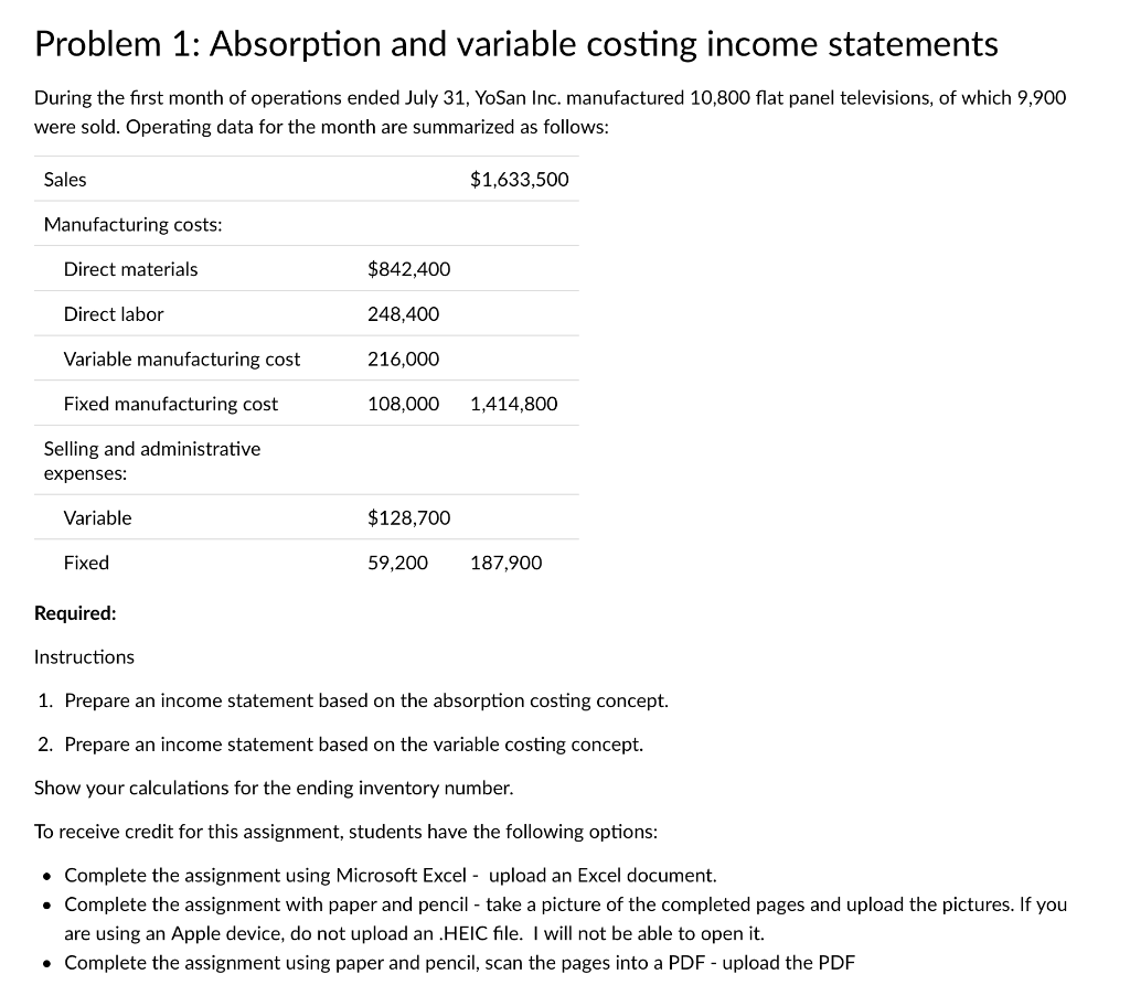 Problem 1: Absorption and variable costing income statements During the first