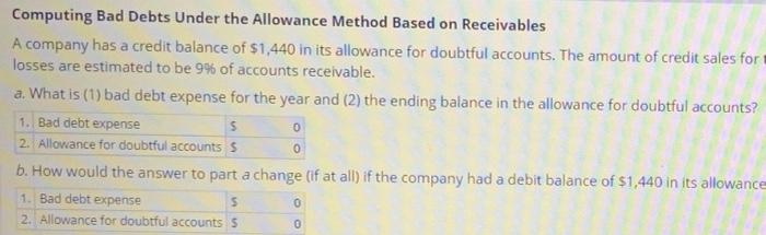company has a credit balance of 1.440 towance for doubtful accounts Thement