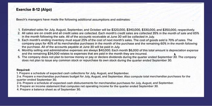 Expected Cash Collections and Disbursements; Income Statemen Sheet (L08-2, LO8-4, LO8-9, LO8-10)