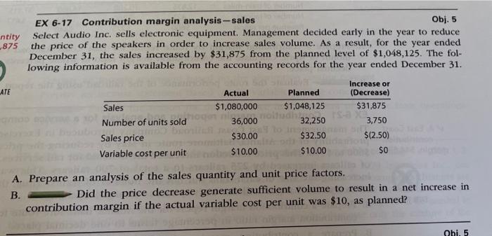  ntity 875 EX 6-17 Contribution margin analysis-sales Obj. 5 Select Audio