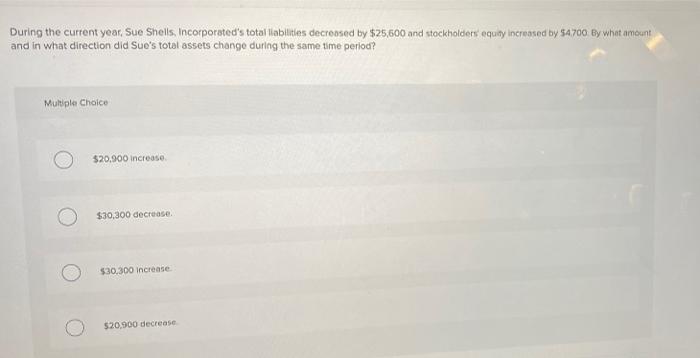 please help !! During the current year, Sue Shells. Incorporated's total ilabilitles