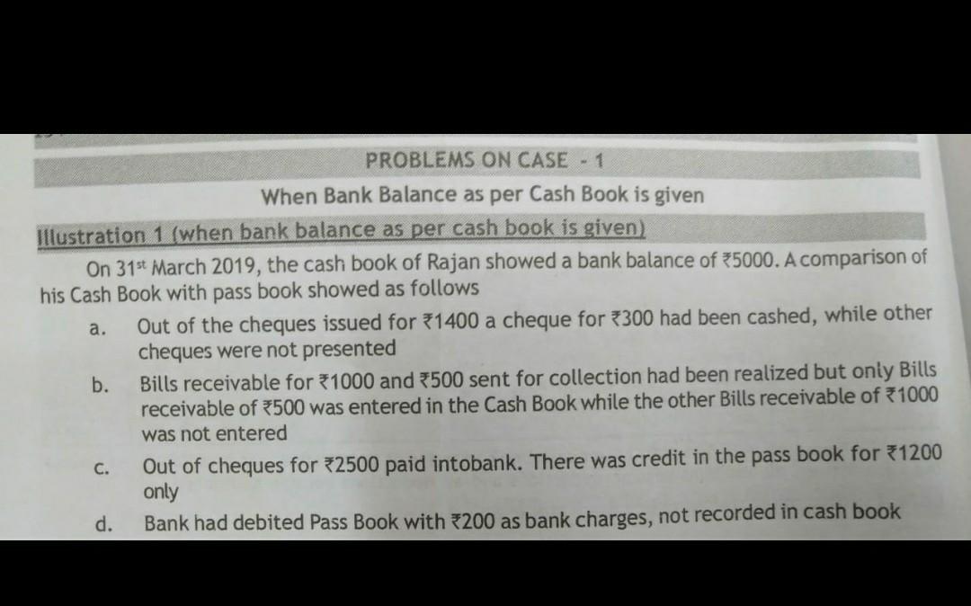 PROBLEMS ON CASE - 1 When Bank Balance as per Cash