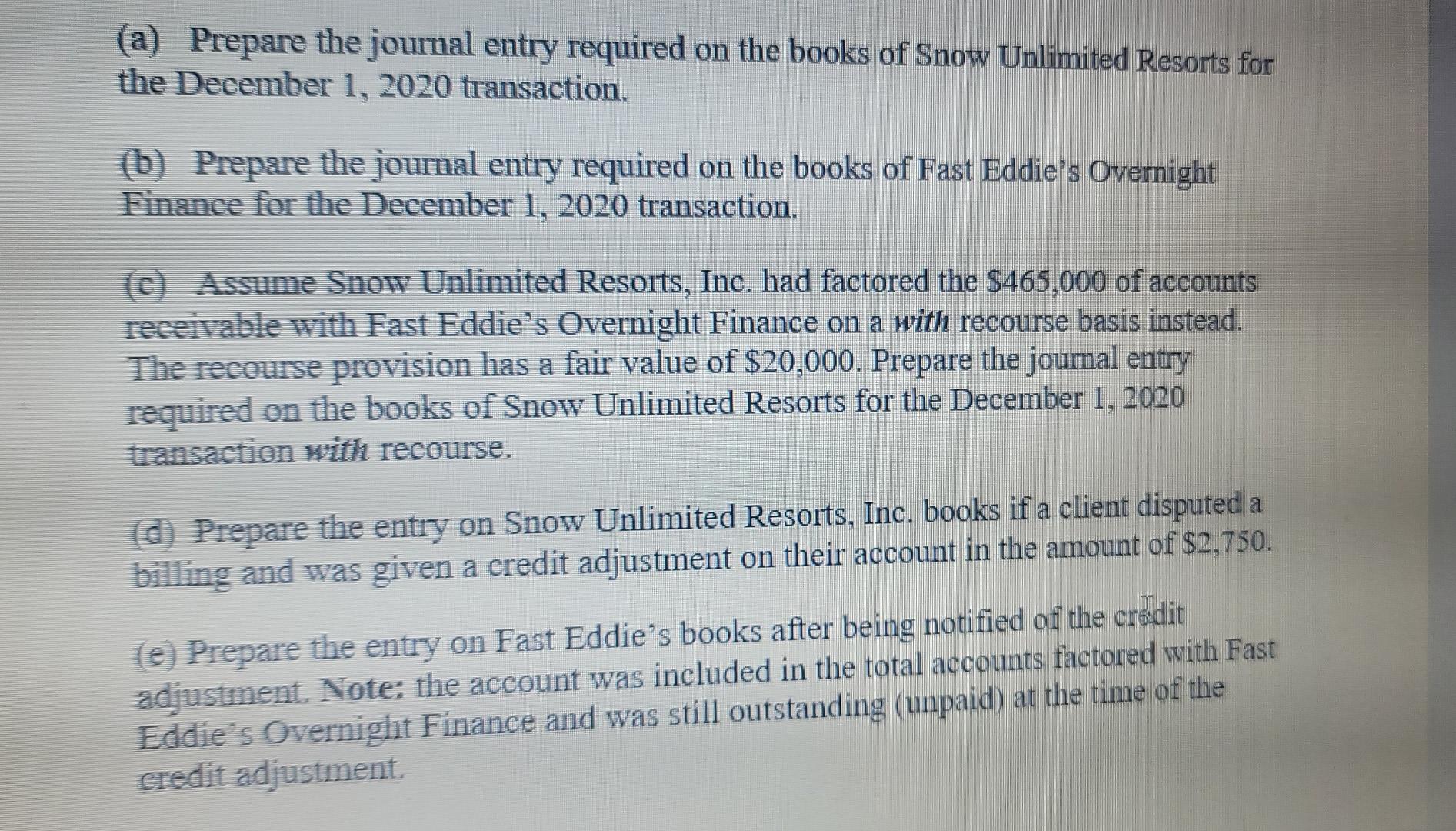 December 1, 2020, Snow Unlimited Resorts, Inc. factored $465,000 of accounts receivable