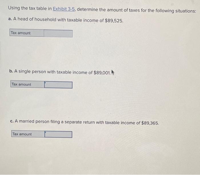  Using the tax table in Exhibit 3-5, determine the amount of