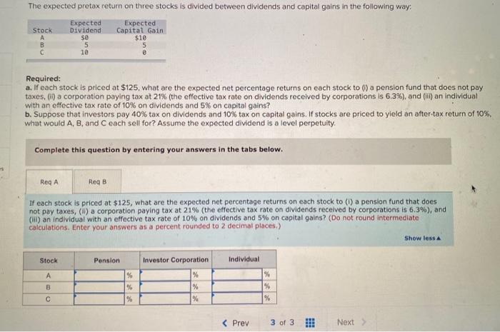  The expected pretax return on three stocks is divided between dividends