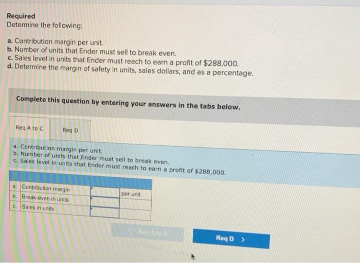 of units that Ender must sell to break even. c. Sales level