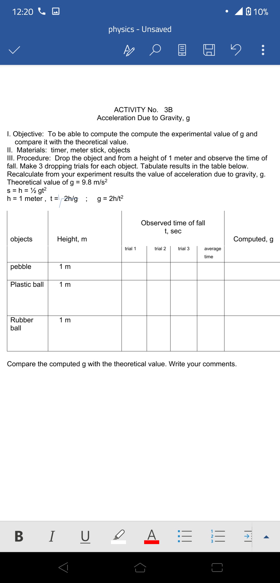 Physics Activity 12:20 6 0 . 010% physics - Unsaved G .
