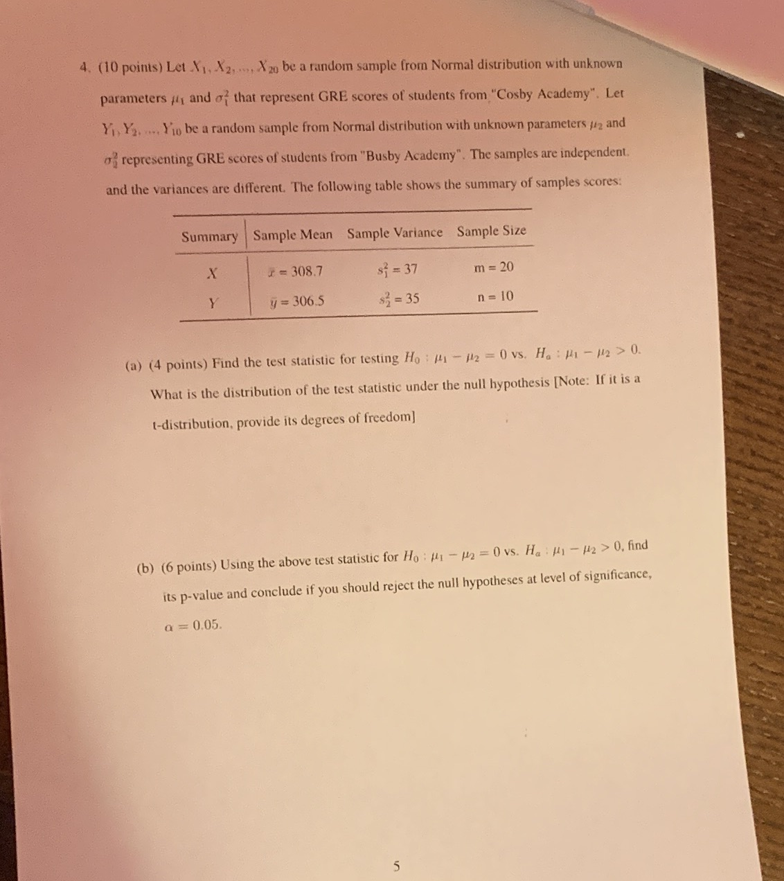 4. (10 points) Let V1, X2,.>, X20 be a random sample