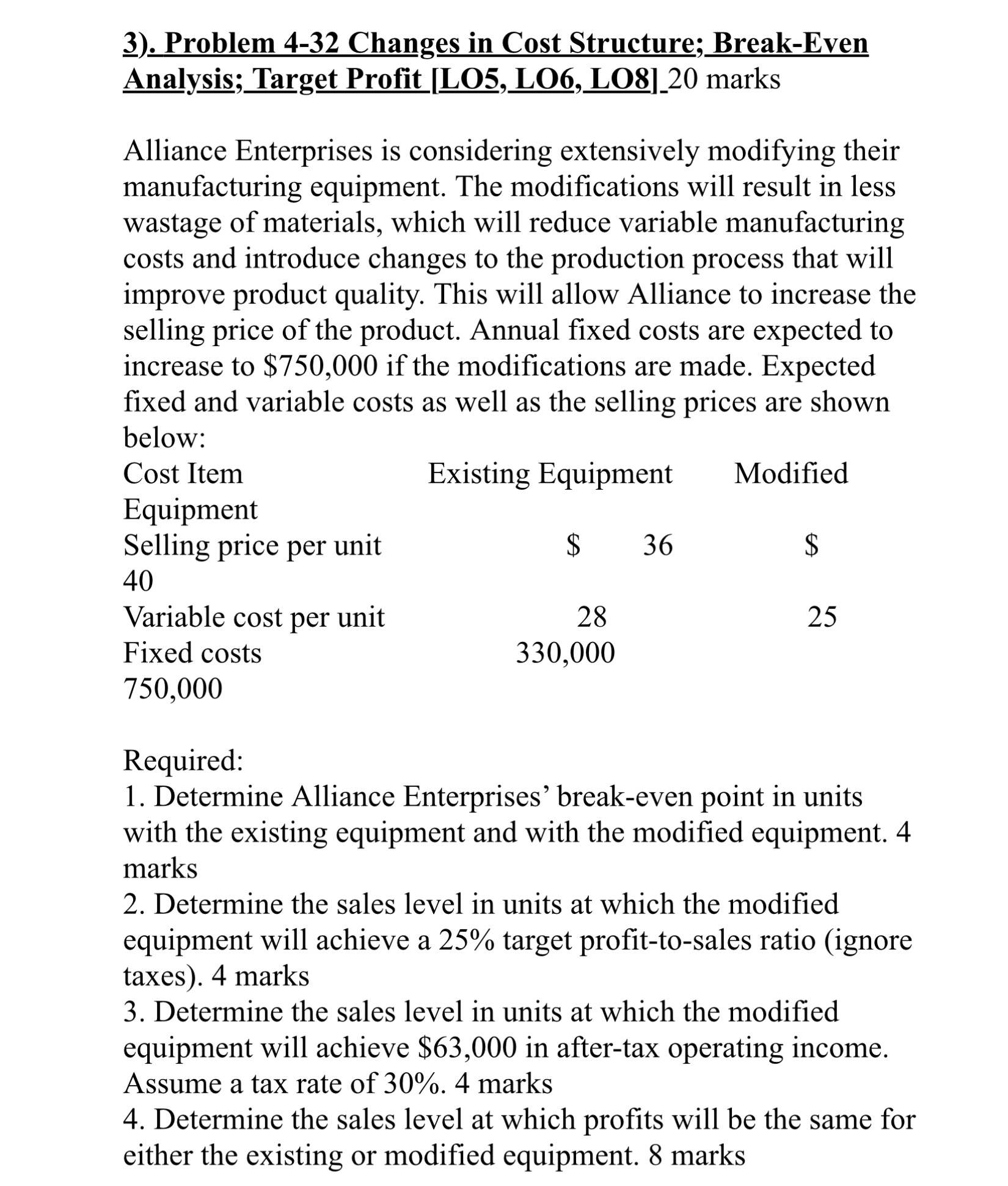  3). Problem 4-32 Changes in Cost Structure; Break-Even Alliance Enterprises is