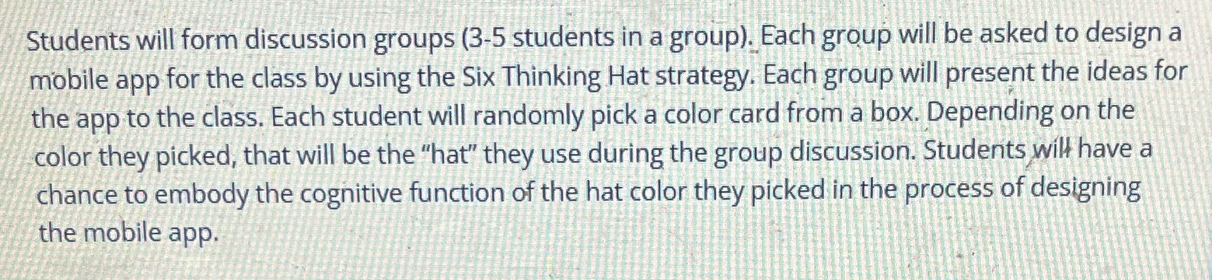 Students will form discussion groups (3-5 students in a group). Each