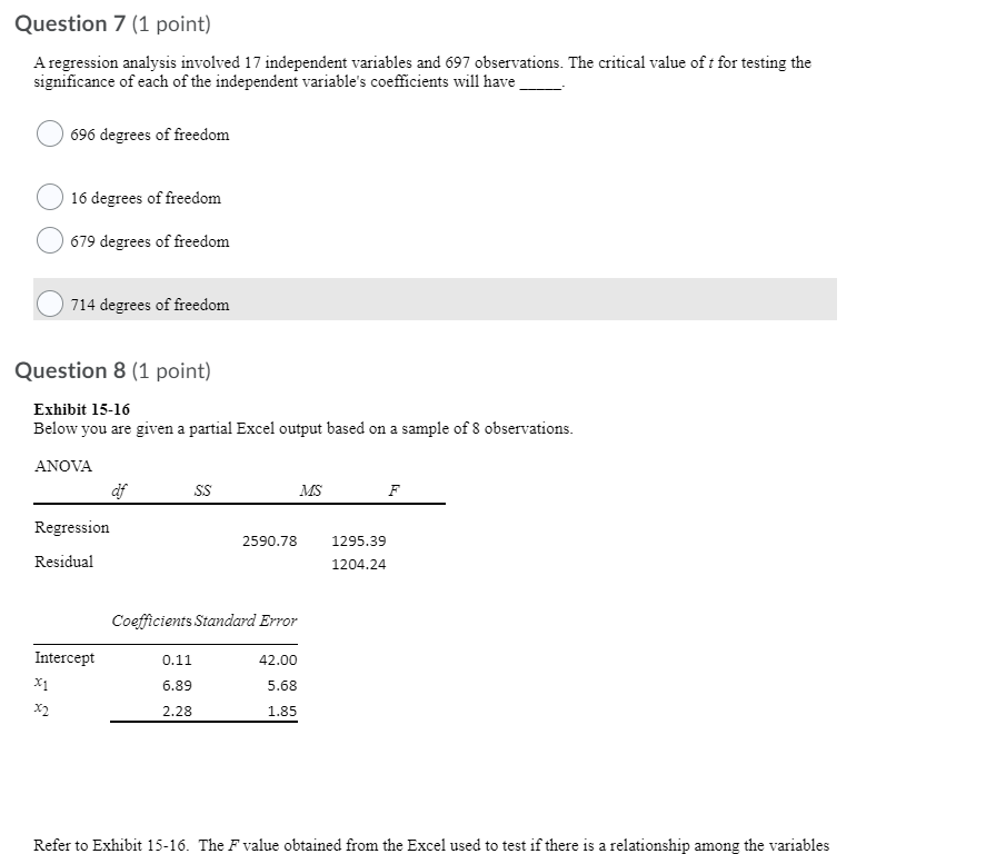 3.6 -1.4 5 1.21Question 3 (1 point) Exhibit 15-16 Below you are