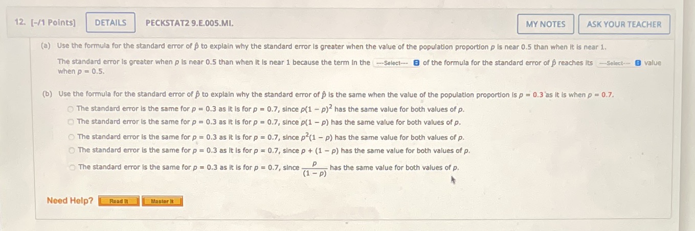  12. [-/1 Points] DETAILS PECKSTAT2 9.E.005.MI. MY NOTES ASK YOUR TEACHER