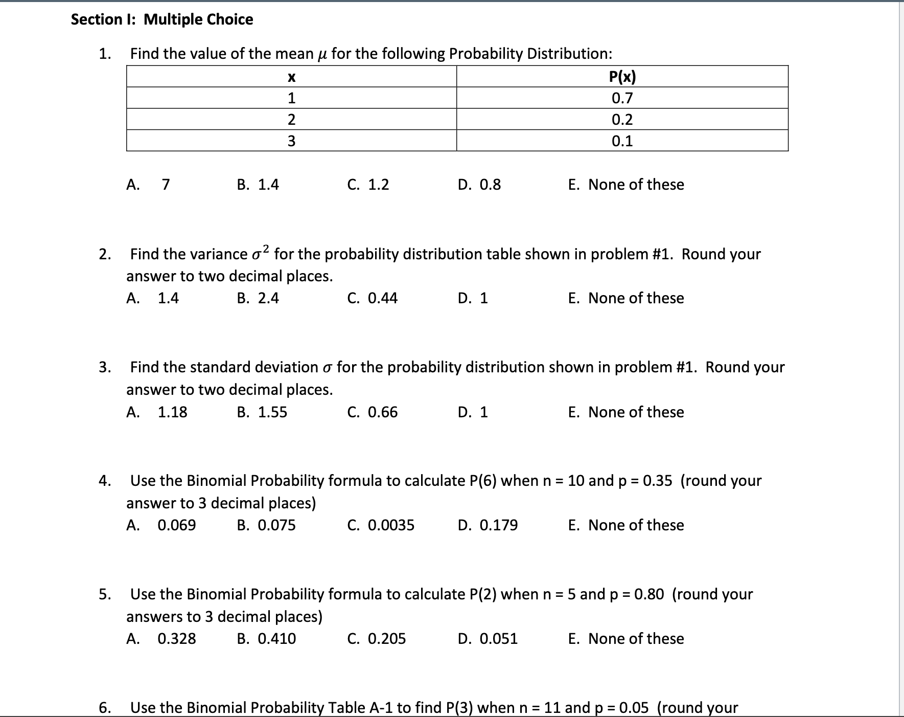  Section I: Multiple Choice 1. 2. 6. Find the value of