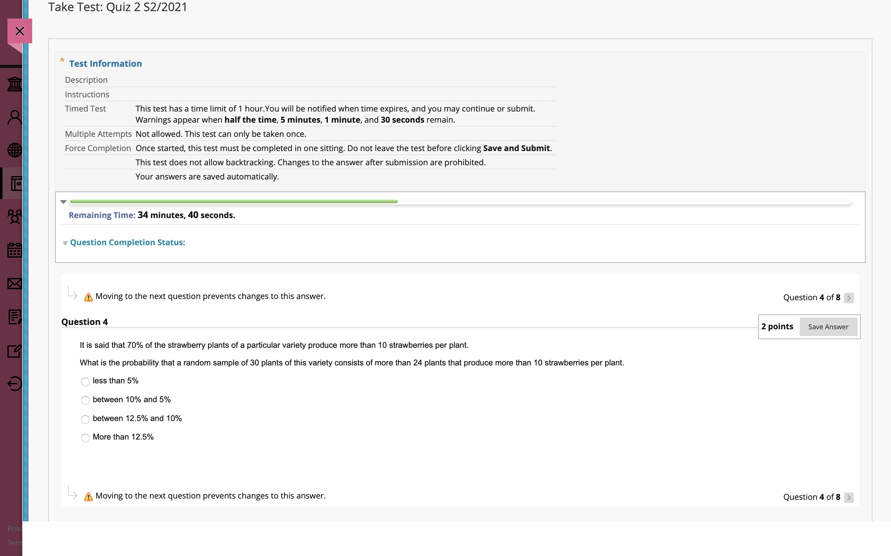 Take Test: Quiz 2 52/2021 " Test Information Description Instructions Timed