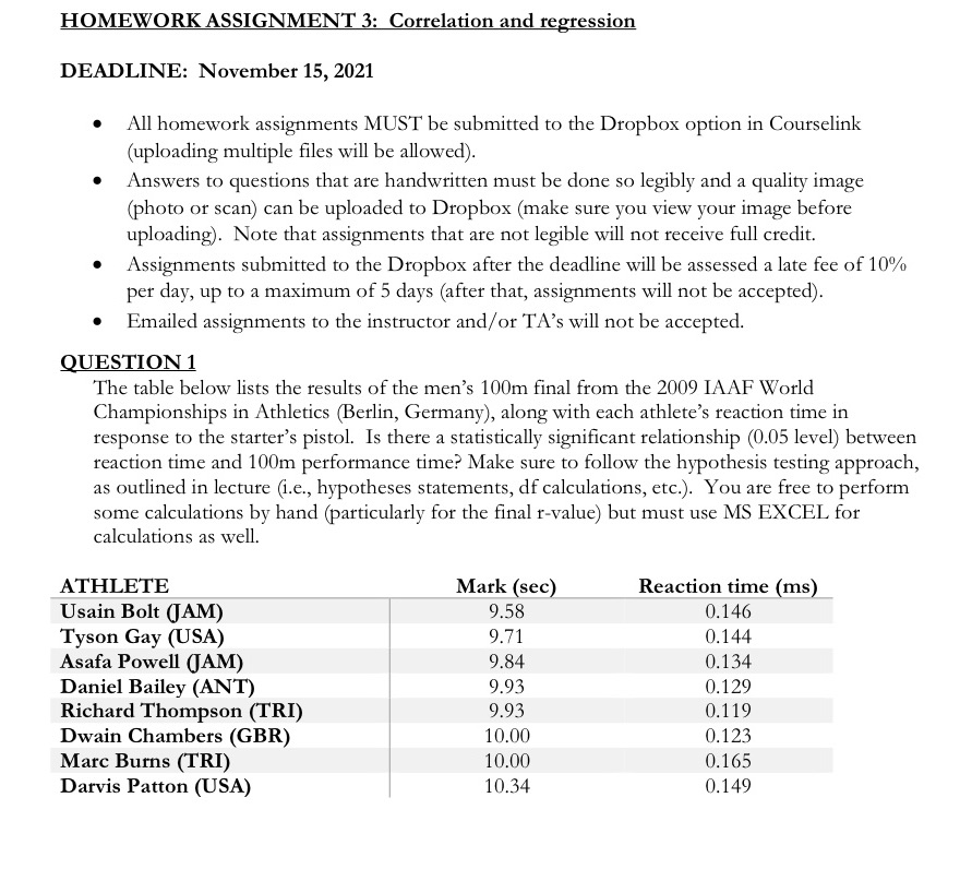HOMEWORK ASSIGNMENT 3: Correlation and regression DEADLINE: November 15, 2021 All