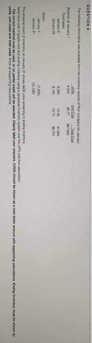 please help QUESTION O The Slowing information was able from the inventory