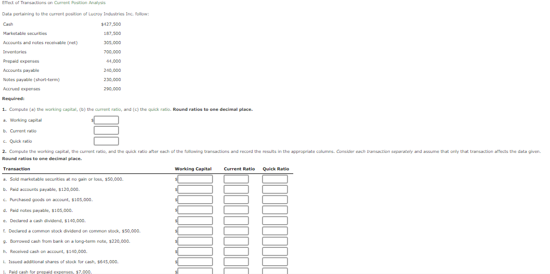  Effect of Transactions on Current Position Analysis Data pertaining to the