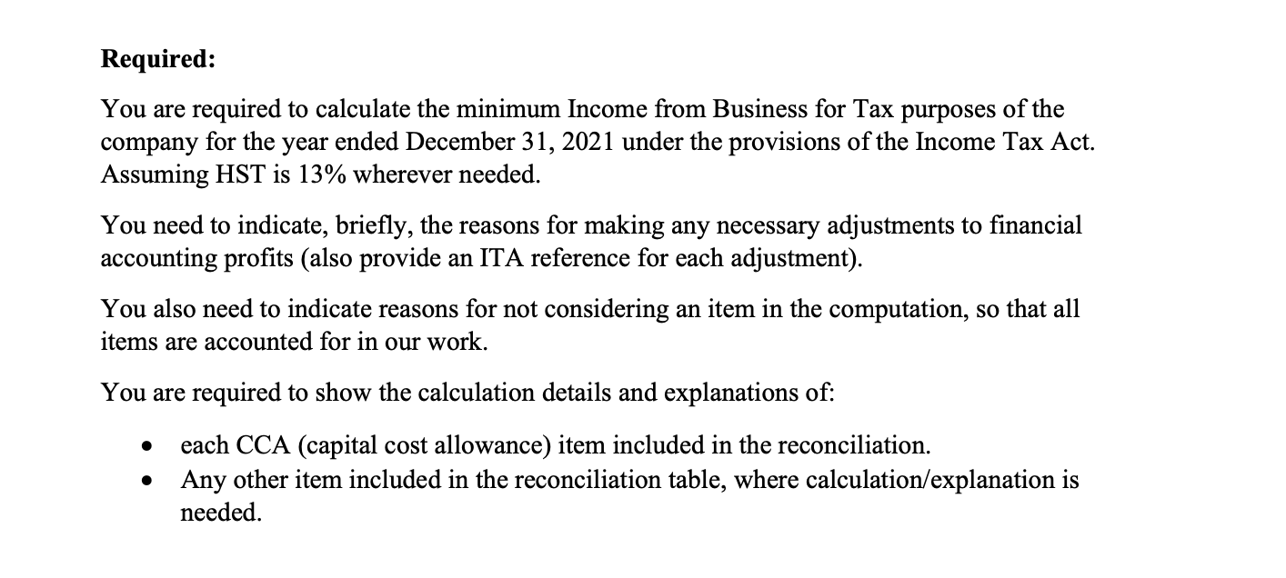 for Tax purposes of the company for the year ended December 31,