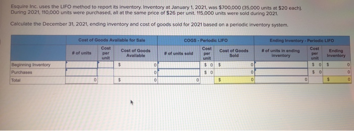 please help ! Esquire Inc. uses the LIFO method to report