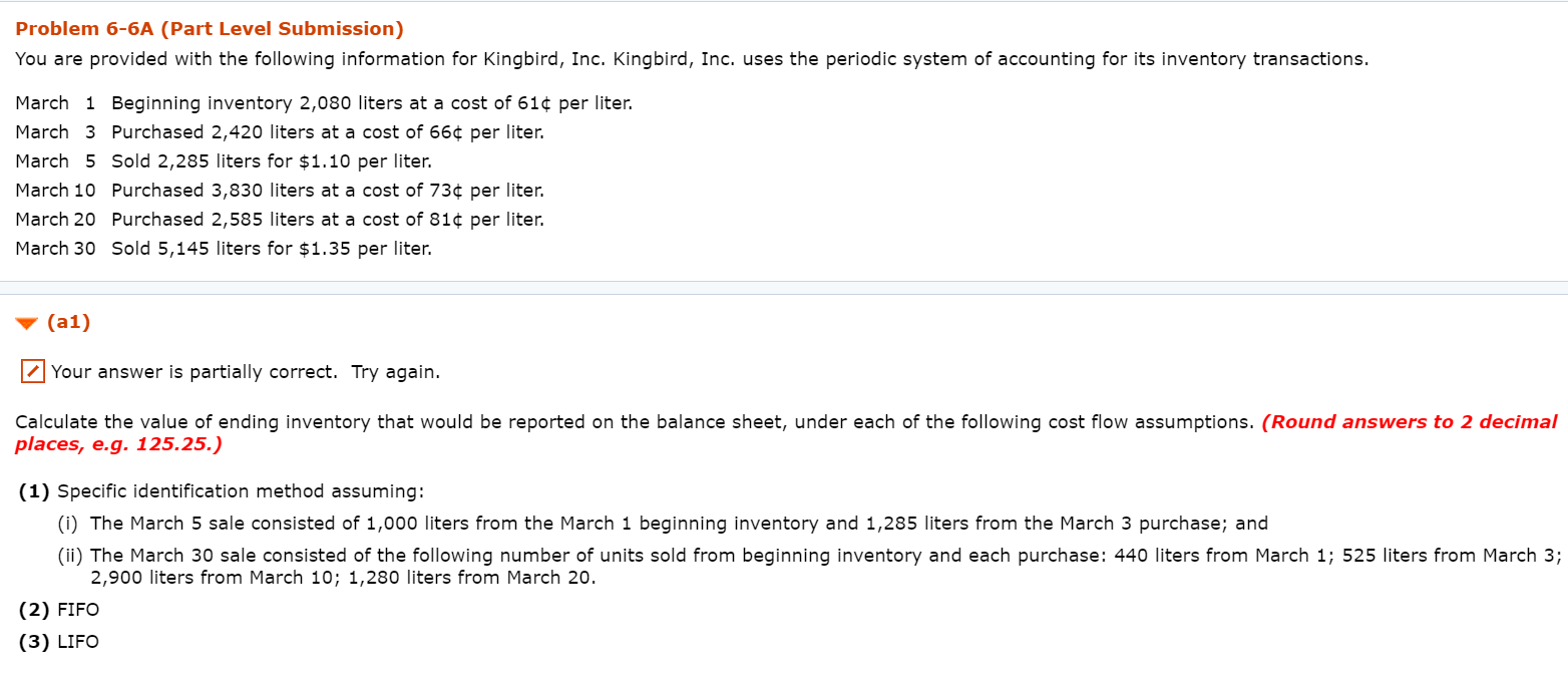 I need help solving the FIFO and LIFO Problem 6-6A (Part Level