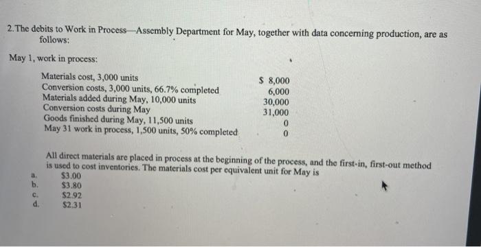  2. The debits to Work in Process Assembly Department for May,