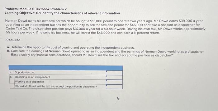  Problem: Module 6 Textbook Problem 2 Learning Objective: 6-1 Identify the